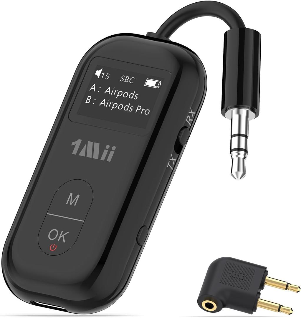 1Mii SafeFly Pro Bluetooth 5.3 Transmitter Receiver, Wireless Audio Adapter w/Screen for 2 Bluetooth Headphones, AptX LL/HD/AD, Use with Any 3.5MM Jack on Airplane, TV & iPad/Tablet (Black)