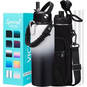 Insulated Water Bottle 40OZ - Cold-48h Hot-24h, Sweat-Proof, Large Stainless Water Bottle with Paracord Handle, Straw Spout Lid, Carrying Pouch & Protective Boot, Office Gym Flask Waterbottle (Day / Night)