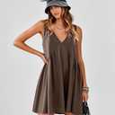 Womens Babydoll Dress Summer Sleeveless Mini Dress Casual Loose V Neck Swing Flowy Beach Sundresses with Pockets (Brown, XL)