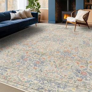 Washable Rug for Living Room - Stain Resistant Dining Room Rugs for Under Table, Soft Low Pile Large Carpet for Bedroom - Vintage Floral Non-Slip (8x10 Beige Blue)