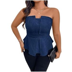 Floerns Women's Plus Size Sleeveless Strapless Bandeau Ruffle Hem Denim Tube Tops L