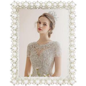 DIKAR 5x7 picture frame with Pearls and Rhinestones for Wedding Gifts, Wedding Picture Frame for Tabletop&Wall Mounting Display