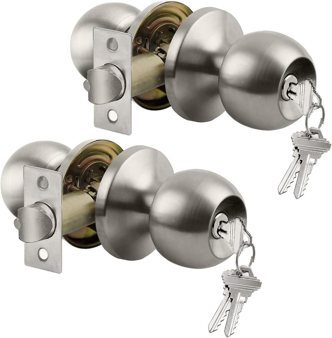 BESTTEN [2 Pack] Entry Door Knob with Lock, Keyed Different Door Lock for Exterior Door and Front Door, Standard Ball, Satin Nickel, Adjustable Latch
