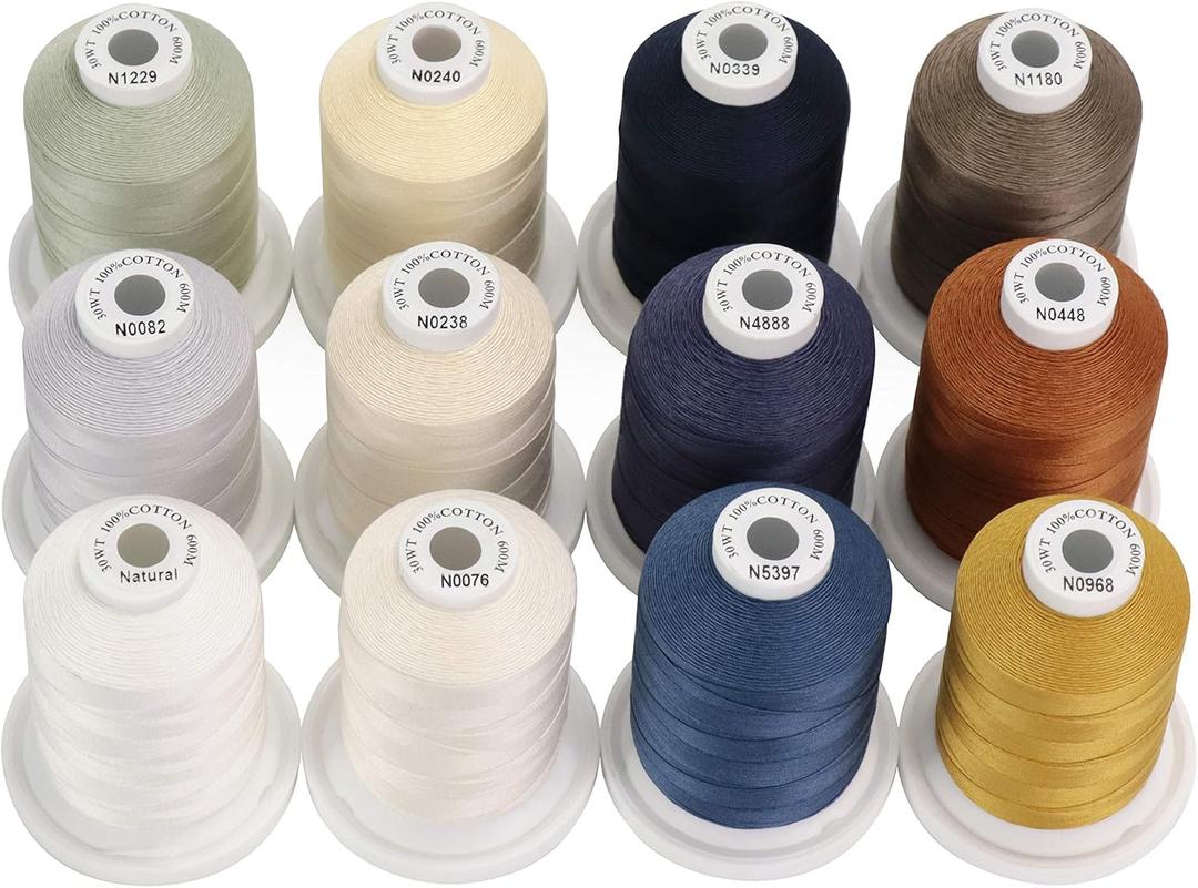 New brothread - 18 Options - Multi-Purpose 100% Mercerized Cotton Threads 50S/3 600M(660Y) Each Spool for Quilting, Serger, Sewing and Embroidery - 12 Neutral&Jean Colors