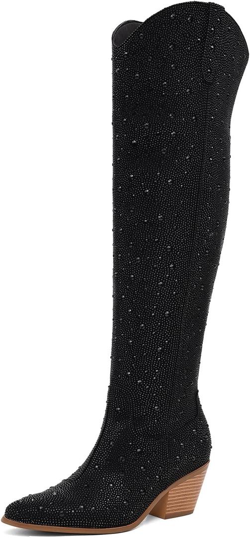 Women Rhinestone Over the Knee Cowboy Boots, Sparkly Bling Cowgirl Boots Western Thigh High Boots Pull-On Side Zippers Chunky Heel Pointed Toe Size5-12 For Fashion&Daily Size 8 (Black)