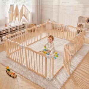 BlueWood Wooden Baby Playpen, Foldable Play Yard with Door, 82.5x55 Inch, 10 Panels, Natural Wood