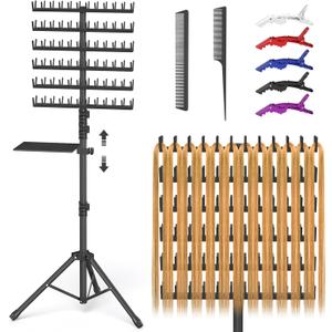 Hemndic Braiding Hair Rack with Tray, 2-sided 144 Pegs, Heavy Duty Braiding Rack Stand for Hair, Height Adjustable Standing Hair Extension Holder with Storage Bag & Braiding Accessories