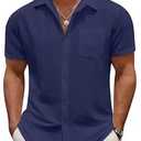 COOFANDY Men's Casual Button Down Short Sleeve Shirt Textured Summer Beach Vacation Shirt Navy Blue, M
