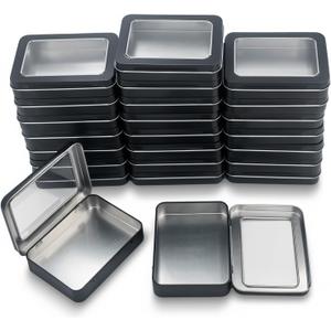 24 Pack Empty Rectangular Metal Storage Organizer Tins with Clear Window Hinged Lids for Small Items and Other Craft Projects (Black, 4.5 x 3.3 x 0.87 inches)