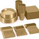 350 Pcs Gold Plastic Plates For Party, Gold Disposable Plates Set, 50 Of Each 9" Dinner Plate Set, 7" Dessert Plate, Cups, Napkins & Cutlery Plastic Dinnerware Set Exquisite