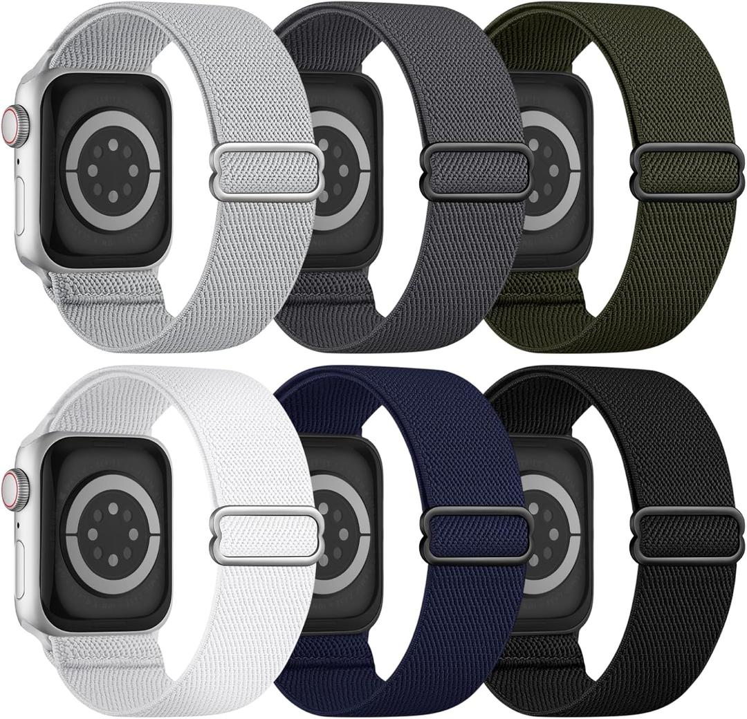 6 Pack Stretchy Solo Loop Compatible with Apple Watch Band 45mm 46mm 44mm 42mm 49mm 41mm 40mm 38mm Men Women, Braided Elastic Nylon Strap for iWatch Series 10 9 8 7 6 5 4 3 SE SE 2 Ultra Ultra 2 (Black/DarkGrey/White/StoneGrey/MidnightBlue/ArmyGreen)