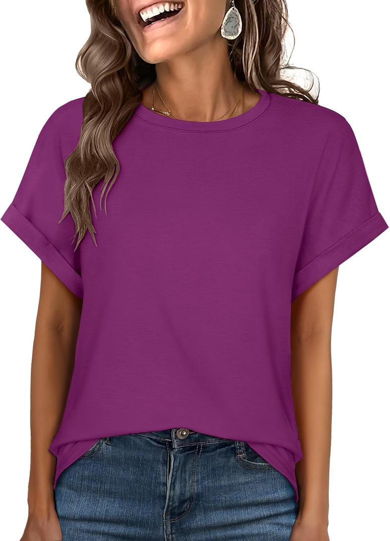 ANRABESS Womens Oversized Tops Summer Short Sleeve T Shirts Basic Solid Boxy Tee Casual Workout Going Out Outfits 2025 Spring (Small, Purple)