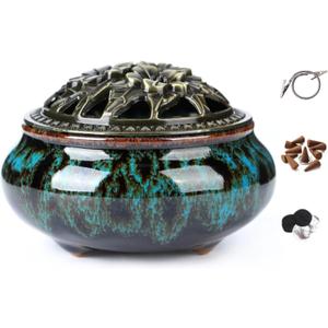 Censer Sky Blue Incense Burner with Calabash Incense Stick Holder - Porcelain Charcoal Censer for Use with Resin Granular Powder Cone or Coil Incense (Blue Fambe)