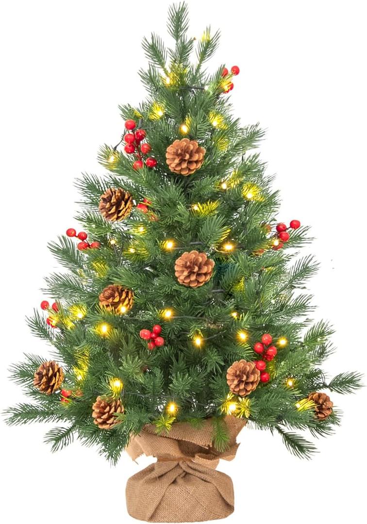 24 Inch Realistic Feel Thick Prelit Artificial Christmas Tree Tabletop Decorations Timer Battery Operated Pine Cones Red Berries Christmas Indoor Home Decoration (Pack of 1, Green)