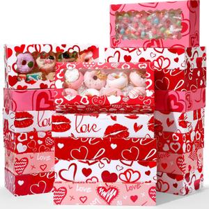 Maxcheck 48 Pcs Valentine's Day Treat Boxes Valentine Heart Cookie Boxes with Window 12 x 5.5 x 2.5 Bakery Box Heart Gift Box Candy Containers for Valentines Party Favors