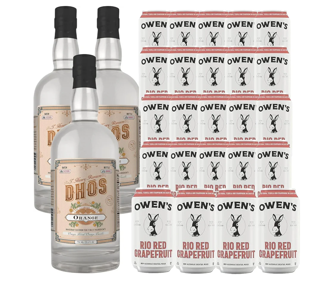 Dhōs Handcrafted Non-Alcoholic Orange 750 ML Bottles w Pack Owen’s Mixers Rio Red Grapefruit 8.2 OZ Cans - Keto-Friendly, Zero Sugar, Zero Calories, Zero Proof - Perfect for Mocktails - Made in USA