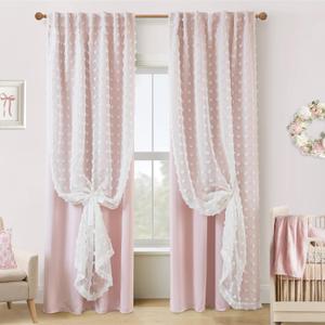Pink Blackout Curtains for Bedroom Nursery 2 Panels,Sheer White Overlay Pom Pom Floral Ruffle Cute Coquette Aesthetic Room Decor for Baby Girl Teen (50"W x 84"L (Pack of 2))