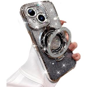 Magnetic Case for iPhone 15 with Holder Stand, [Compatible with Magsafe] Bling Glitter Diamonds Rhinestone Camera Lens Protector for Woman Girly Cute Phone Cover for iPhone 15 6.1" (Silver)