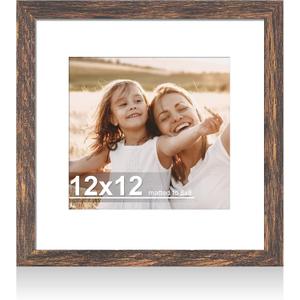 Hongkee 12x12 Picture Frame with Real Glass - 8x8 Wooden Frame with Mat, Horizontal and Vertical Display for Wall or Tabletop (Rustic Brown, 1 Pack)