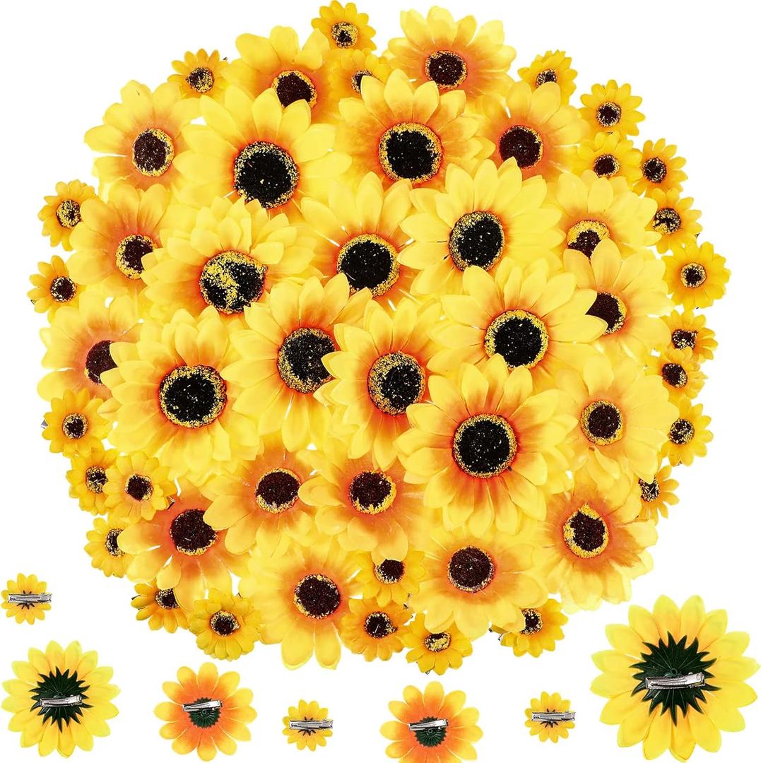 Clip on Fake Sunflowers, Artificial Sunflower Heads with Clips, Faux Silk Sunflower, Yellow Flowers Head for Christmas Tree Wedding Bouquets DIY Craft Decor(3.7/3/1.6 in, 50 Pieces)