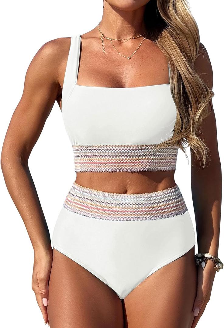 ZAFUL Women Bikini Swimsuits Swim Suits for Women 2025 Tummy Control Sporty High Waisted Bikini Two Piece Bathing Suit (Medium, White)