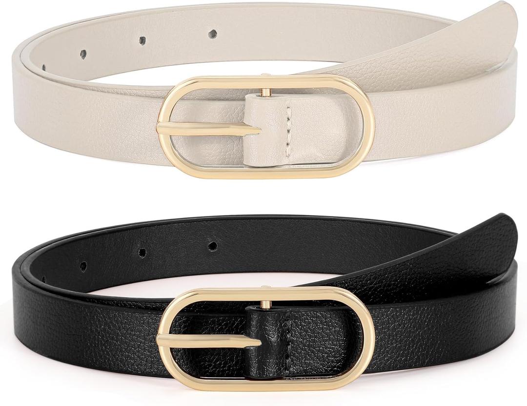 XZQTIVE 2 Pack Women's Skinny Leather Belt Thin Belt for Women with Gold Buckle Plus Size Waist Belt for Jeans Dresses Pants (Fit Pant Size 33-37 in)