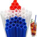 Potchen 120 Pcs Plastic Straws Red Blue White Star Shaped Straws Patriotic Disposable Drinking Cute Straw for Memorial Day 4th of July Independence Day Party Beverage Cocktail Remembrance Supplies
