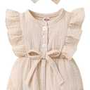 YOUNGER TREE Toddler Baby Girl Ruffled Sleeveless Romper Casual Summer Jumpsuit Cotton Linen Clothes (0-3 Months, Button Apricot)
