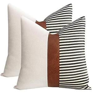 cygnus 16x16 inch Pillow Covers Set of 2 Farmhouse Decor Stripe Patchwork Linen Throw Pillow Covers Modern Faux Leather Covers for Couch Sofa,Black