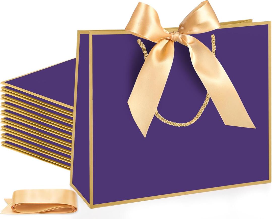 Silkfly 12 Pcs Thank You Gift Bags with Handle 12x10x4'' Welcome Bags Return Gifts with Bow Ribbon for Wedding Bridesmaid Baby Shower Housewarming Birthday Thanksgiving Christmas(Purple, Gold)