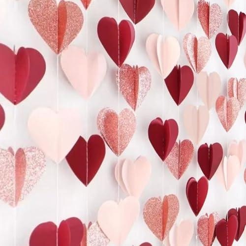 4Pcs Heart Garland, 52FT Valentines Day Garland, Rose-Gold Pink Burgundy-Red Heart Paper Streamers Banner for Valentine's Day Mothers Day Engagement Wedding Birthday Party Hanging Decorations (Red)