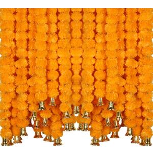 Marubhumi 5-PC Artificial Marigold Flower Garland – 4.5 Feet Long Strands with Bells | Mango Color | Diwali, Wedding, Home, and Christmas Décor