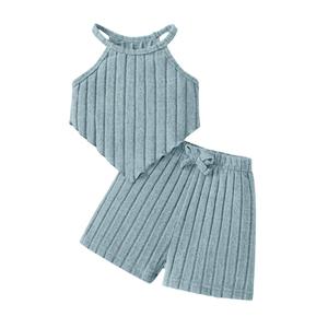 LPHGFZA Toddler Girls Clothes 2 Piece Outfit Summer Solid Ribbed Tank Tops & Bow Elastic Shorts Cute Kids Sets 4-7Y (Blue)