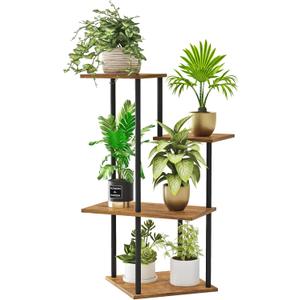 Plant Stand Indoor, 4-Tier Modern Plant Shelf for Multiple Plants, Wood Metal Flower Holder for Living Room Balcony Bedroom, Rustic Brown
