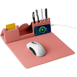 Mouse Pad with Phone Holder & Pen Holders, Wireless Charging Desk Mat, Mousepad Home Office Desk Pad with Ultra-Smooth Surface, Non-Slip Base, Waterproof Keyboard Pad, Classic Pink Desk Mat