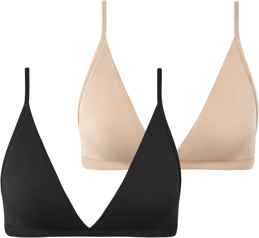 INIBUD Bralette for Women Removable Padded Bra Yoga Seamless V Neck Triangle Adjustable Straps Wireless (Small, Black+cream)