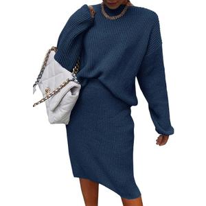 Women 2 Piece Knit Sweater Skirt Set Midi Sweater Dress Long Sleeve Pullover Bodycon Knitted Skirt Set Outfit (Small, Sea Blue)