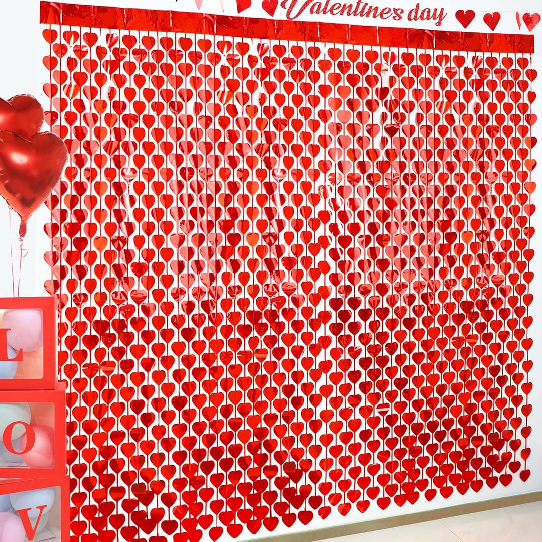 Valentines Day Decorations, 4 Pack Valentines Day Backdrop Garland, Red Heart Foil Fringe Tinsel Backdrop Streamer for Wedding Anniversary Birthday Valentines Party Decor