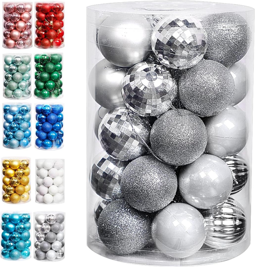 Lulu Home Christmas Ball Ornaments, 34 Ct 1.57" Pre-Strung Hanging Ornament Decorations, Xmas Shatterproof Plastic Balls for Holiday Party Wreath Garlands Trees, Silver