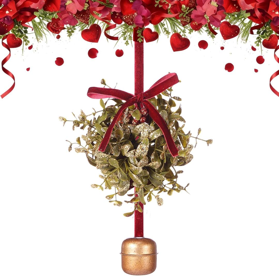1 Pcs 5 Inch Valentines Day Mistletoe Ball Jingle Bell Ornament Mistletoe Glitter Kissing Ball with Jingle Bell Bow and Red Berry Artificial Hanging Ornament for Doorway Ceiling Light Decor