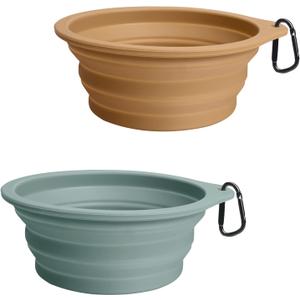 PetBonus 2-Pack Silicone Collapsible Dog Bowls, BPA Free Dishwasher Safe, Portable Foldable Expandable Travel Bowl, Food Water Feeding Cup Dish for Dogs Cats with 2 Carabiners (Turquoise, Tan)