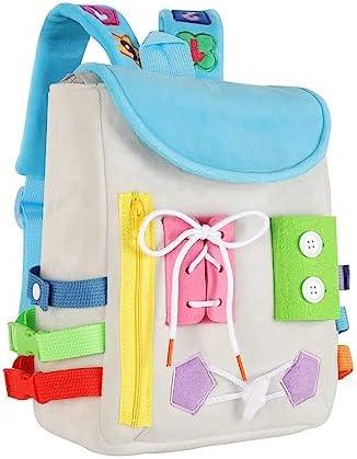 Busy Board - Toddler Backpack with Buckles and Learning Activity Toys - Develop Fine Motor Skills and Basic Life Skills - Learn to Tie Shoes - Children's Travel Toy (Grey)