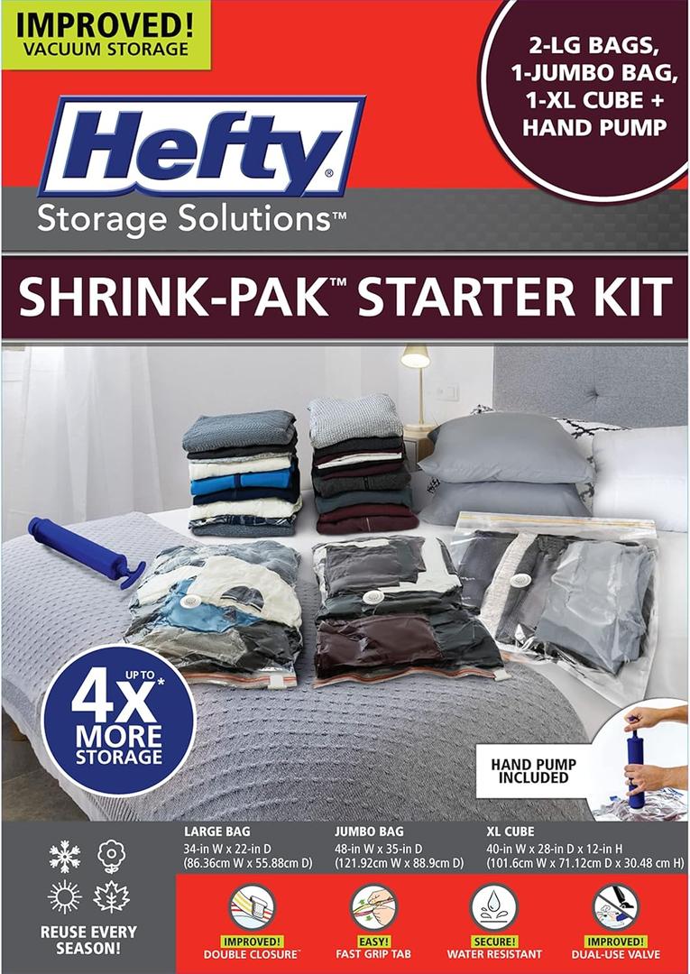 Hefty Shrink-Pak Starter Kit - 2 Large, 1 XL Cube, 1 Jumbo Vacuum Seal Storage Bag and Hand Pump  Space Saver Bags for Clothing, Pillows, Towels, or Blankets, 5 Pc Set