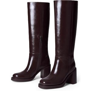 Adolilove Knee High Boots for Women Round Toe Chunky Heel 3.3 IN Tall Boots Side Half Zip Faux Leather, Size 6.5