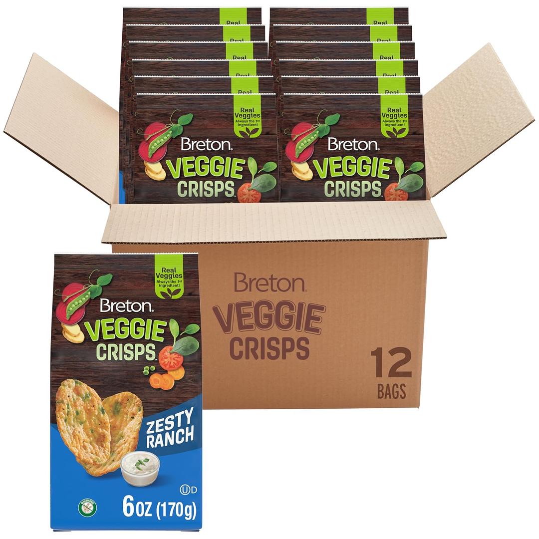 Breton Veggie Crisps Zesty Ranch (Pack of 12) - Popped not Fried Crisps, Made with Real Vegetables, Light and Crispy Gluten Free Chips, Snacks for School, Lunch Box and More, 12x6oz, BB 26.07.07