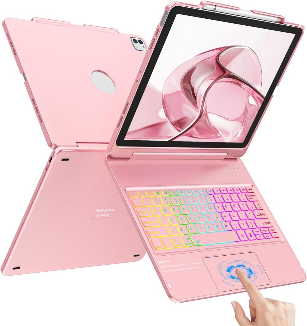 CC Store Keyboard Case for iPad Air 13 (M3/M2) and iPad Pro 12.9,180 Swivel 7 Colors Backlit,Multi-Touch Trackpad for iPad Air 13 inch Case Keyboard,Pro 12.9(6th,5th,4th,3rd gen),Rose Gold