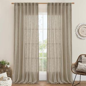 LAMIT Taupe Sheer Linen Curtains, 102 inch Light Filtering Semi Sheer Panels Back Tab and Rod Pocket Farmhouse Rust Drapes for Bedroom/Living Room, 2 Panels, 52 x 102 Inch
