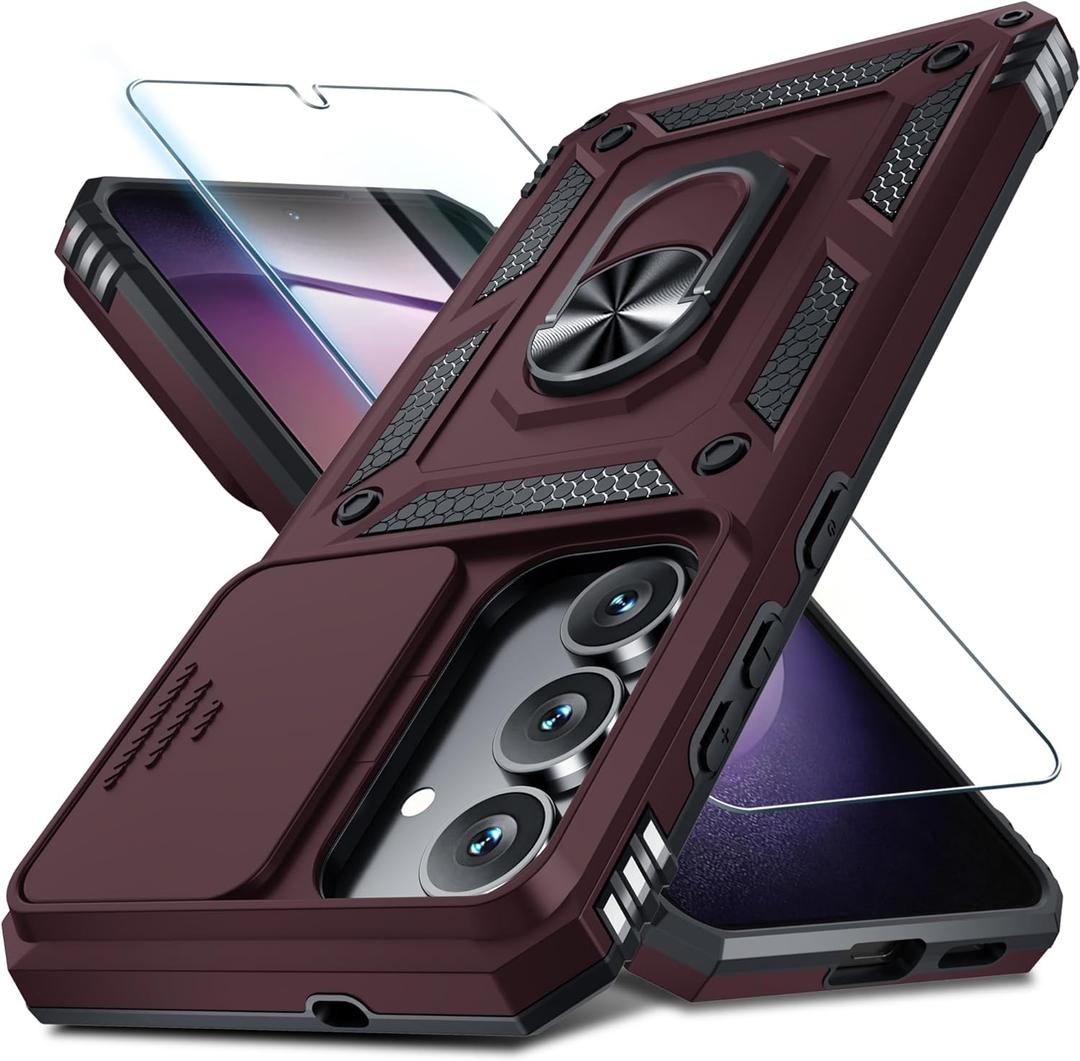 Janmitta Compatible with Samsung Galaxy S25 FE Case Built in Slide Camera Lens Cover+Screen Protector+Finger Ring Holder Kickstand,Heavy Duty Shockproof Full Body Phone Cover,2025 Wine Red