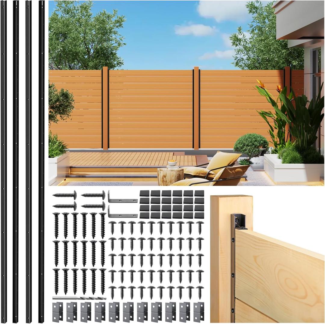 4pack 6FT (H: 68) Matel Backyard Privacy Fence Panels Post Black, Install Fence Panels Post for Wood Slats Outdoor