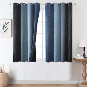 Estelar Textiler Black and Navy Blue Ombre Blackout Curtains 45 Inch Length, Full Room Darkening Gradient Drapes for Kitchen, Thermal Insulated Grommet Short Curtains for Bathroom, 52Wx45L, 2 Panels